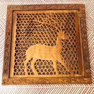 Vintage Wood Marquettry Art Deer w/ Antlers Honey Comb Design Square Wall Décor